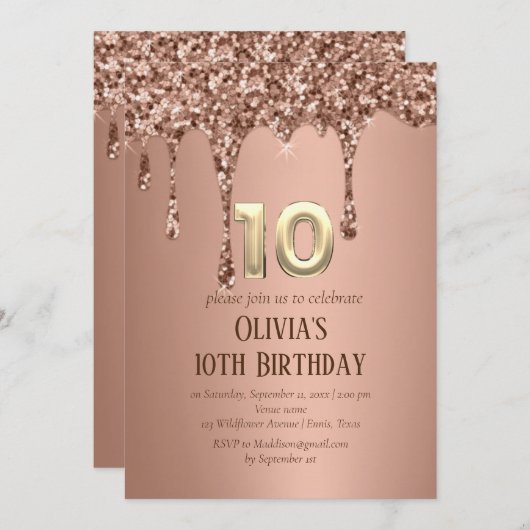 Invitation Rose Gold Parties scintillant Drip Girl Girly 10e (Devant / Derrière)