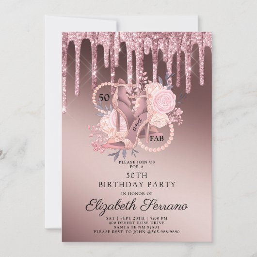 Invitation Rose Gold Parties scintillant Drips 50e anniversai (Devant)