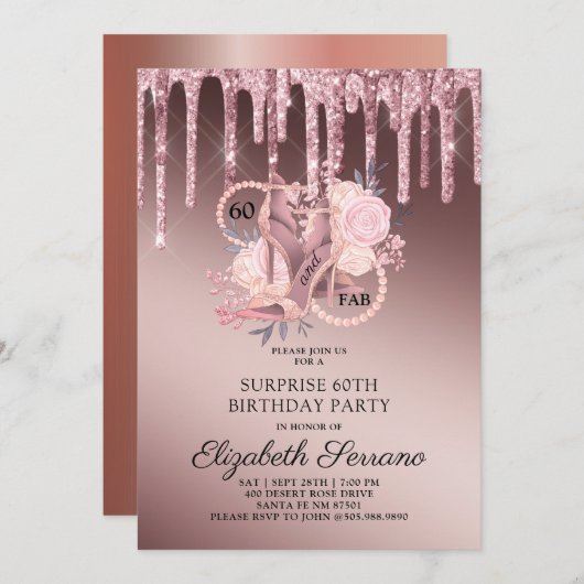 Invitation Rose Gold Parties scintillant Drips 60e anniversai (Devant / Derrière)