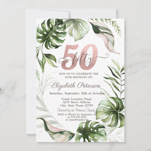 Invitation Rose Gold Parties scintillant Drips Feuille 50e an (Devant)