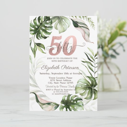 Invitation Rose Gold Parties scintillant Drips Feuille 50e an (Debout devant)