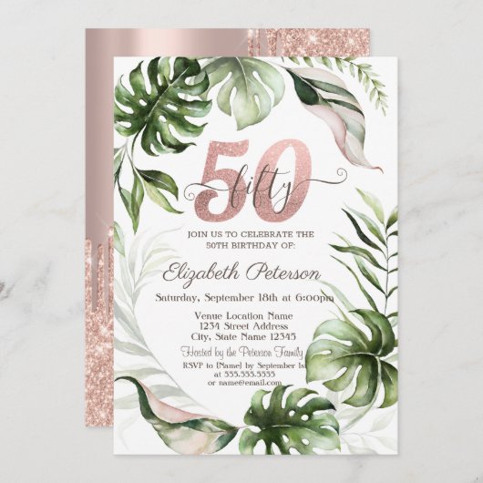 Invitation Rose Gold Parties scintillant Drips Feuille 50e an (Devant / Derrière)