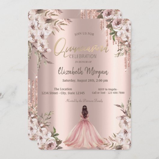Invitation Rose Gold Parties scintillant Drips Princess Dress (Devant / Derrière)