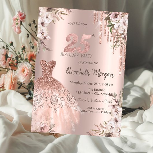 Invitation Rose Gold Parties scintillant Drips robe Floral 25