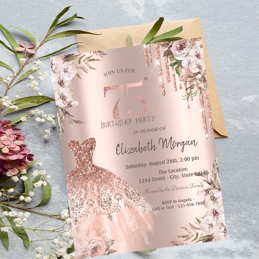 Invitation Rose Gold Parties scintillant Drips robe Floral 75