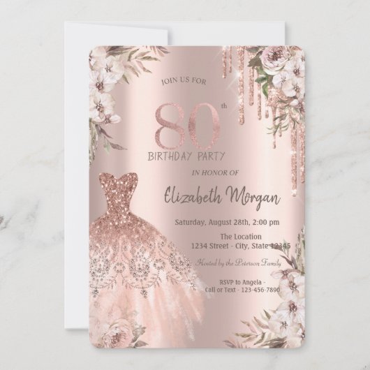 Invitation Rose Gold Parties scintillant Drips robe Floral 80 (Devant)