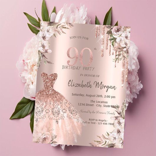 Invitation Rose Gold Parties scintillant Drips robe Floral 90