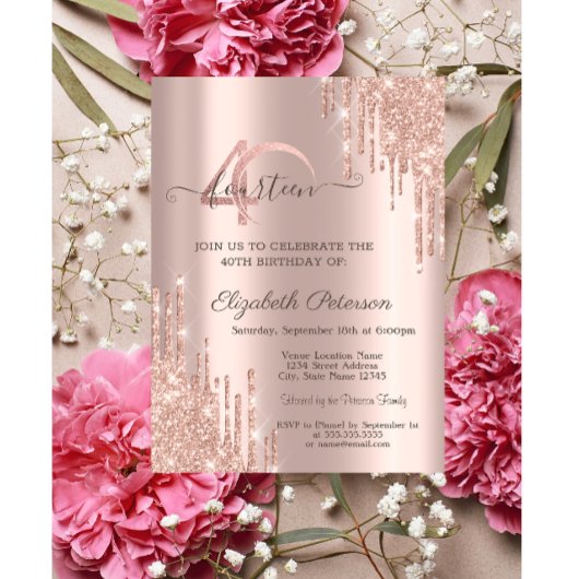 Invitation Rose Gold Parties scintillant Drips Rose Gold 40e