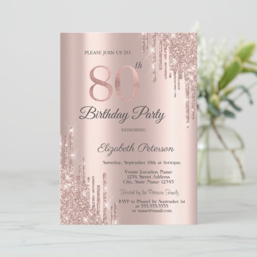 Invitation Rose Gold Parties scintillant Drips Rose Gold 80e (Debout devant)