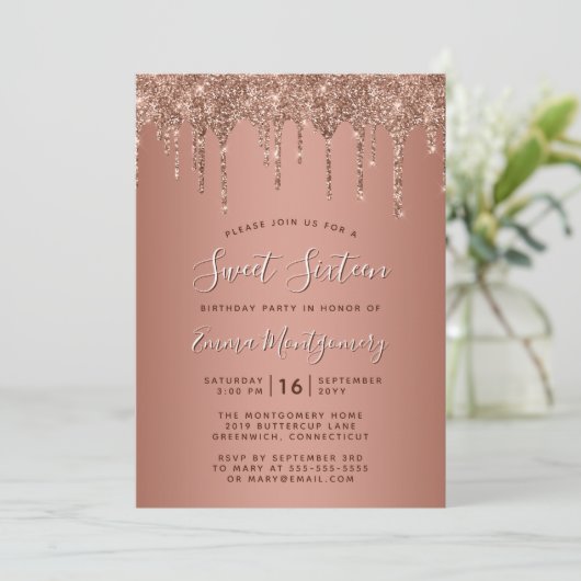 Invitation Rose Gold Parties scintillant Drips Sweet 16 Anniv (Debout devant)