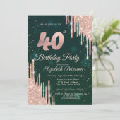 Invitation Rose Gold Parties scintillant Drips Vert 40e fête  (Debout devant)