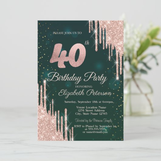 Invitation Rose Gold Parties scintillant Drips Vert 40e fête  (Debout devant)