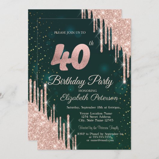 Invitation Rose Gold Parties scintillant Drips Vert 40e fête  (Devant / Derrière)