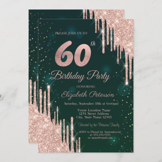 Invitation Rose Gold Parties scintillant Drips Vert 60e anniv (Devant / Derrière)