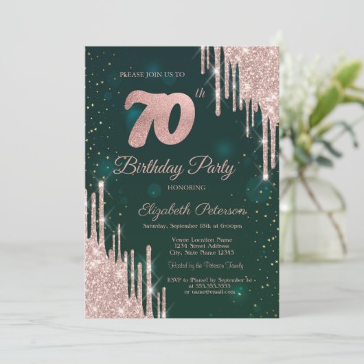 Invitation Rose Gold Parties scintillant Drips Vert 70e anniv (Debout devant)