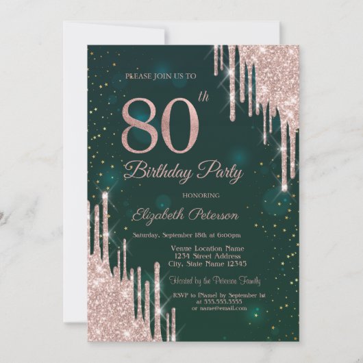 Invitation Rose Gold Parties scintillant Drips Vert 80e anniv (Devant)