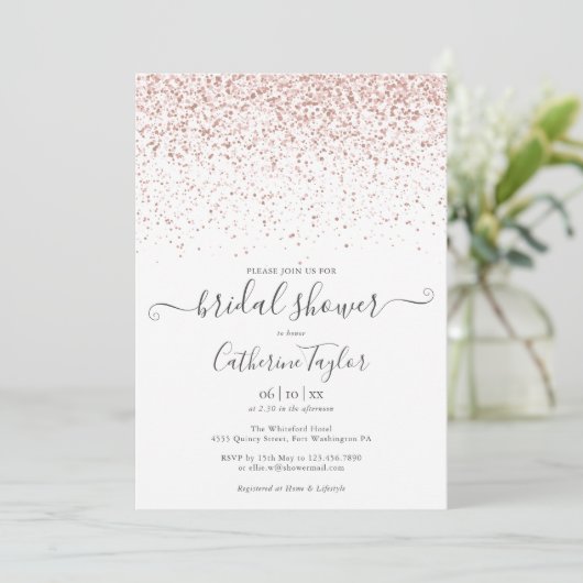 Invitation Rose Gold Parties scintillant Elegant Script Fête (Debout devant)
