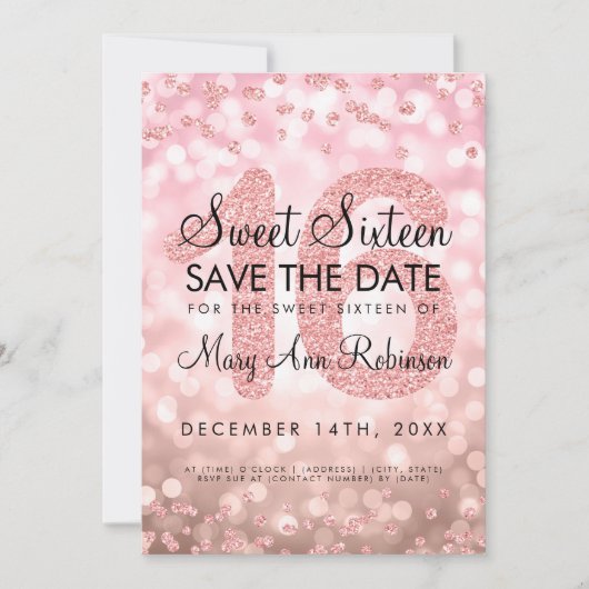 Invitation Rose Gold Parties scintillant Lights Sweet 16 Enre (Devant)