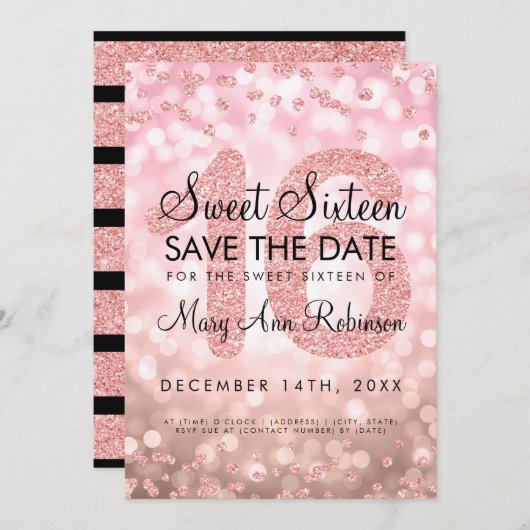 Invitation Rose Gold Parties scintillant Lights Sweet 16 Enre (Devant / Derrière)
