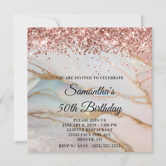 Invitation Rose Gold Parties scintillant Marbled Opal 50e ann (Devant)