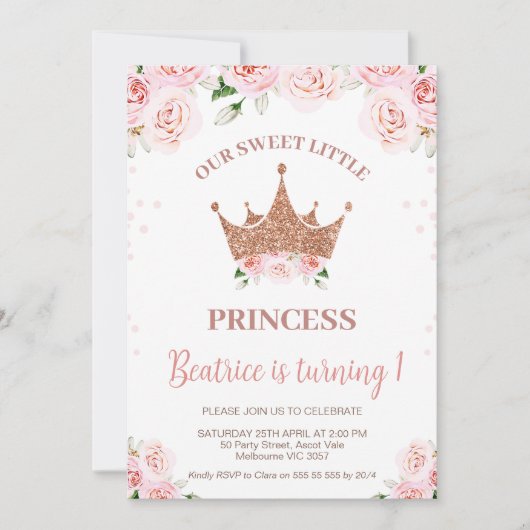 Invitation Rose Gold Parties scintillant Princesse Crown 1er  (Devant)