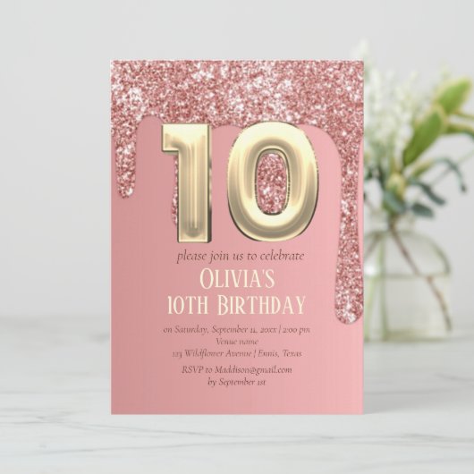 Invitation Rose Gold Parties scintillant rose fille fille 10e (Debout devant)