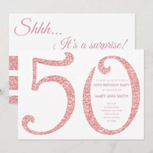 Invitation Rose Gold Parties scintillant Surprise 50e anniver (Devant / Derrière)
