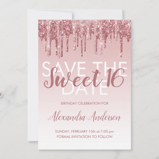 Invitation Rose Gold Parties scintillant Sweet 16 Enregistrer (Devant)