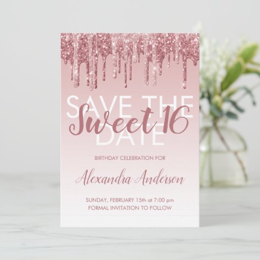 Invitation Rose Gold Parties scintillant Sweet 16 Enregistrer (Debout devant)