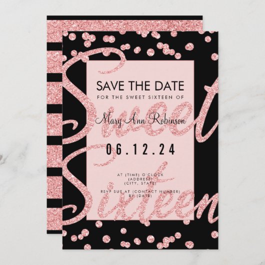 Invitation Rose Gold Parties scintillant Sweet 16 Party Date  (Devant / Derrière)