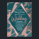 Invitation Rose Gold Peacock Turquoise Marbre Diamant Mariage<br><div class="desc">Elégant, chic et moderne avec une ambiance rétro, faux imprimé rose or géométrique forme diamant contour sur paon vert émeraude turquoise et faux rose or marbre avec mauve, et coutume en diamant rose roux, invitations de mariage. Ce design classique et sophistiqué est parfait pour le couple marié branché et élégant....</div>