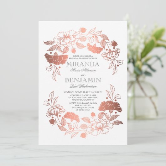 Invitation Rose Gold Peony Floral Élégant Dîner de répétition (Debout devant)