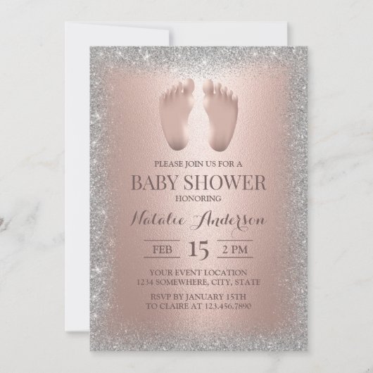 Invitation Rose Gold Pieds bébé Baby shower Parties scintilla (Devant)