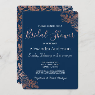 Invitation Rose Gold Pink et Navy Blue Floral Fête de l'marié