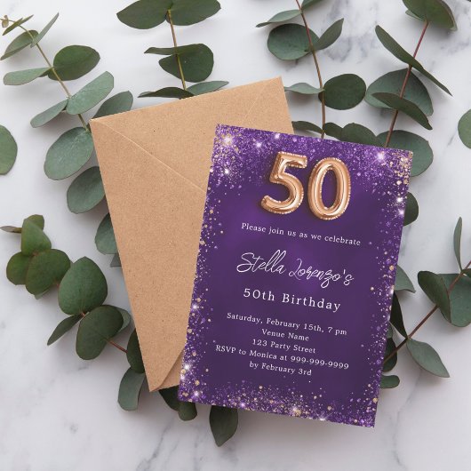 Invitation Rose gold pour le 50e anniversaire en violet