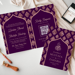 Invitation Rose Gold Pourpre Foncé Damassé Arche Code QR Musu