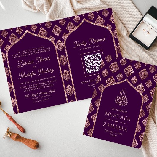 Invitation Rose Gold Pourpre Foncé Damassé Arche Code QR Musu