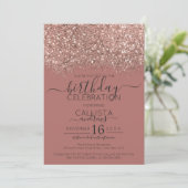 Invitation Rose Gold Poussiéreux Confettis Rose Foncé Anniver (Debout devant)