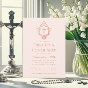 Invitation Rose Gold Première communion Vintage Crest Rose Gi