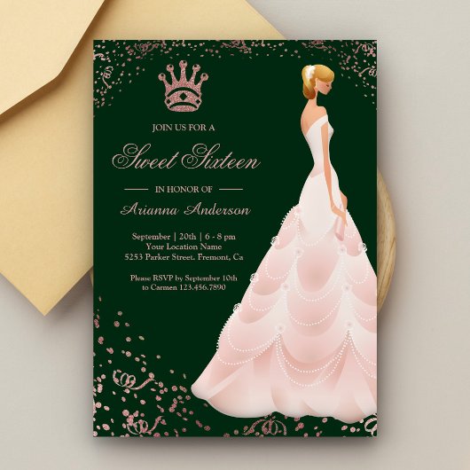 Invitation Rose Gold Princesse Robe Sweet sixteen vert