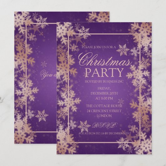 Invitation Rose Gold Purple Foil Foyers de neige fête de Noël (Devant / Derrière)