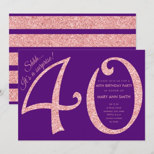 Invitation Rose Gold Purple Parties scintillant Surprise 40e  (Devant / Derrière)