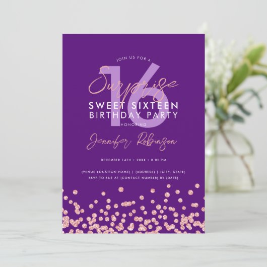 Invitation Rose Gold Purple Parties scintillant Surprise Swee (Debout devant)