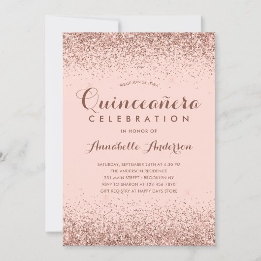 Invitation Rose Gold Quinceañera Parties scintillant Annivers (Devant)