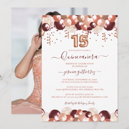 Invitation Rose Gold Quinceañera Parties scintillant Ballotte (Devant / Derrière)
