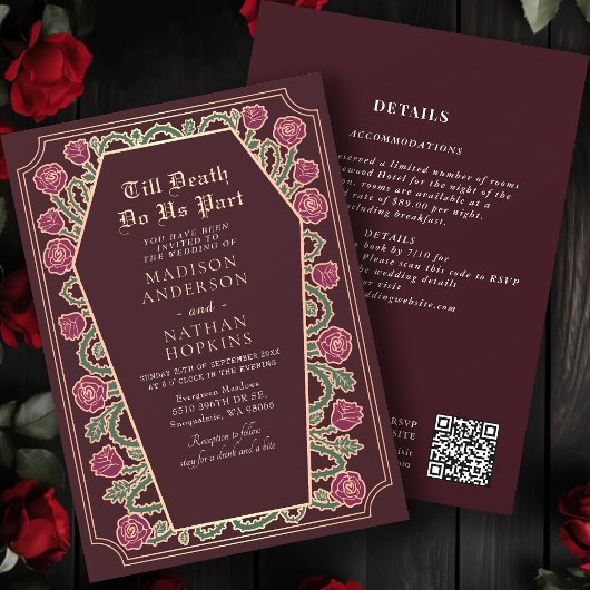 Invitation Rose Gold Red Gothique Coffin Mariage QR Code