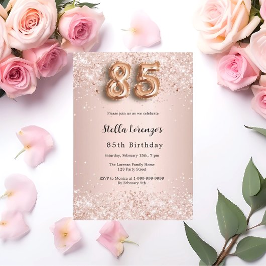 Invitation rose gold rose confetti pour 85e anniversaire