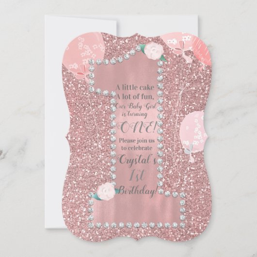Invitation Rose Gold Rose & Diamonds ONE 1er anniversaire fêt (Devant)