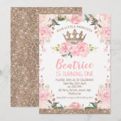 Invitation Rose Gold Rose Floral Princess Crown 1er anniversa (Devant / Derrière)