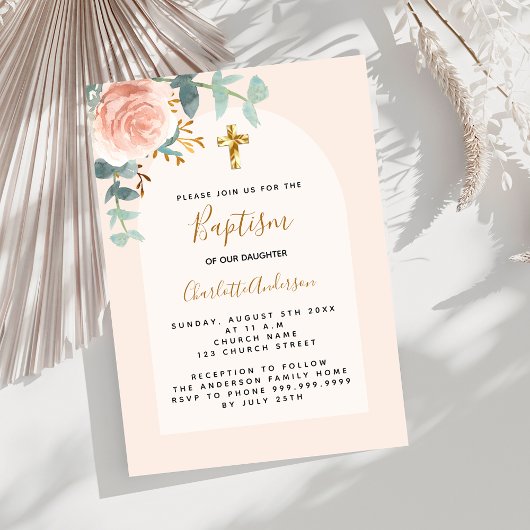 Invitation Rose gold rose florale fille croix Baptême